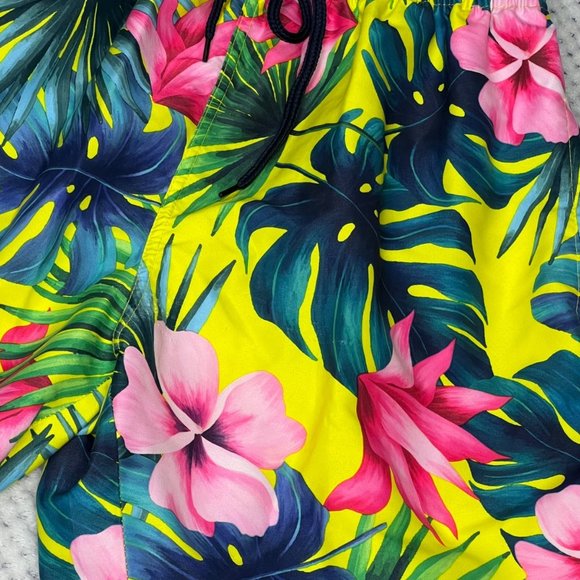 US Surf Club Swimwear Short Mens Medium Yellow Pink Floral Tropical Trunk Mesh L - Picture 2 of 12